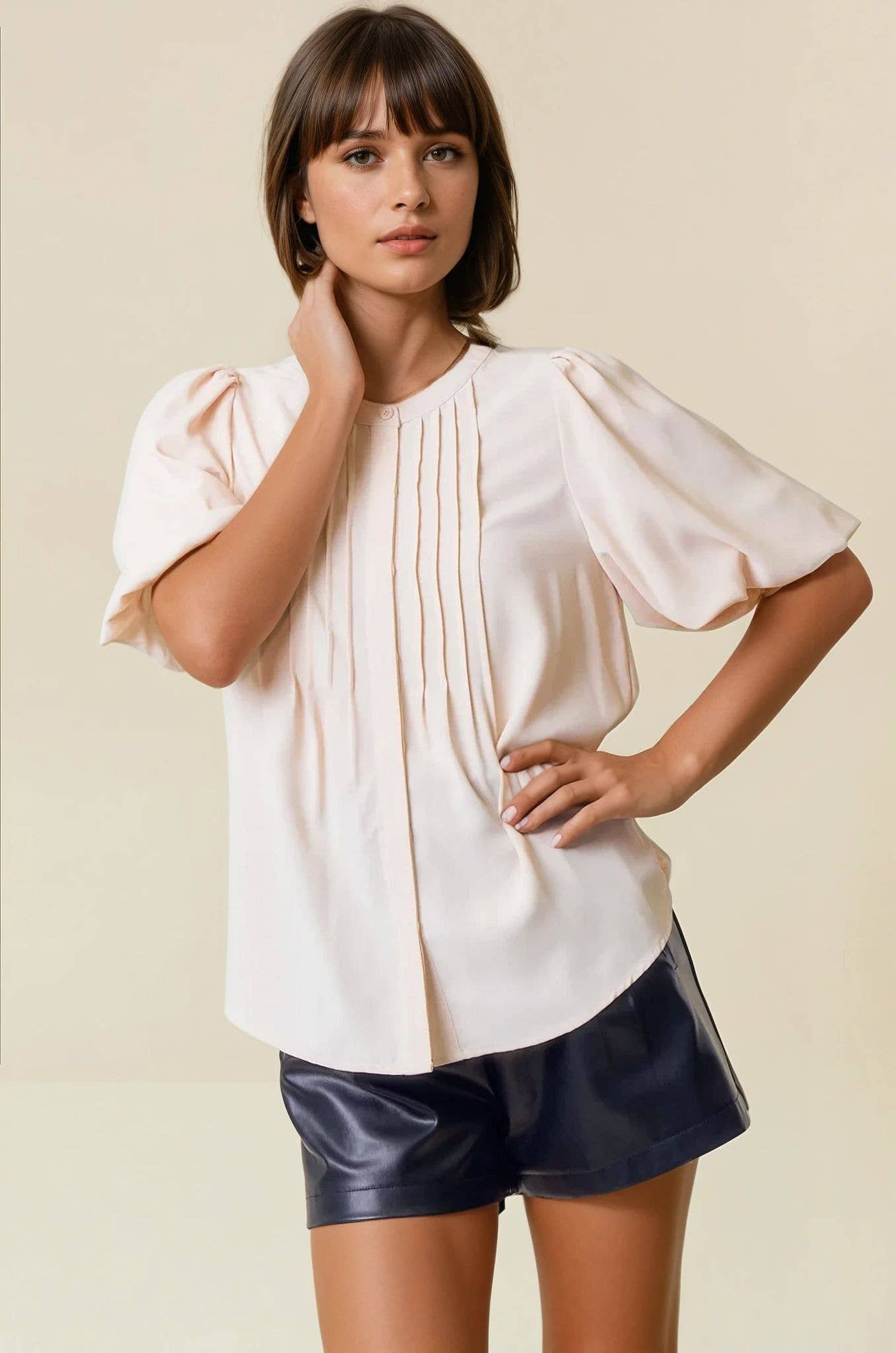 BUBBLE PINTUCK BUTTON DOWN BLOUSE