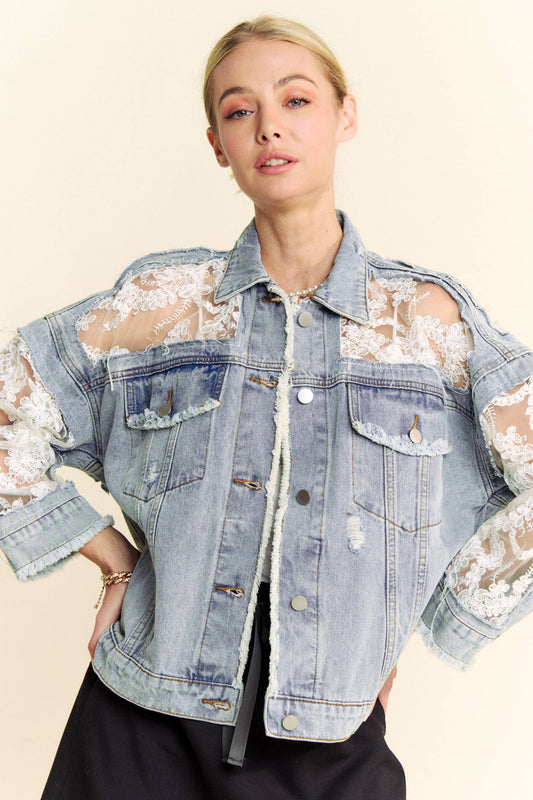 FLORAL EMBROIDERY LACE DISTRESSED DENIM JACKET