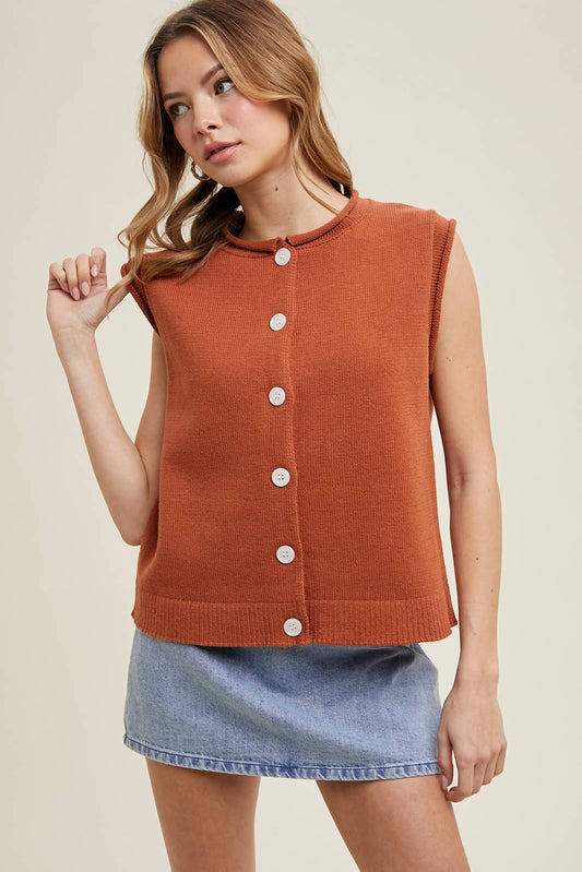 SWEATER BUTTON-UP VEST WITH ROLLED HEM DETAIL