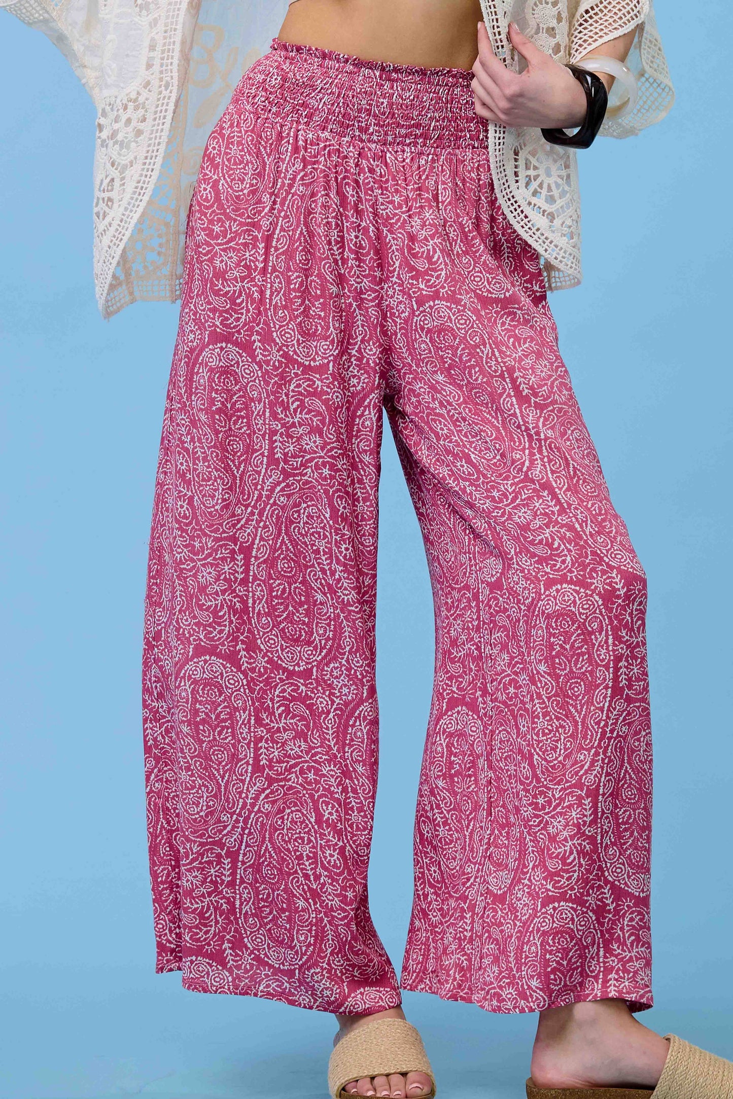 Boho Paisley Print Wide Leg Flowy Pants with Pockets