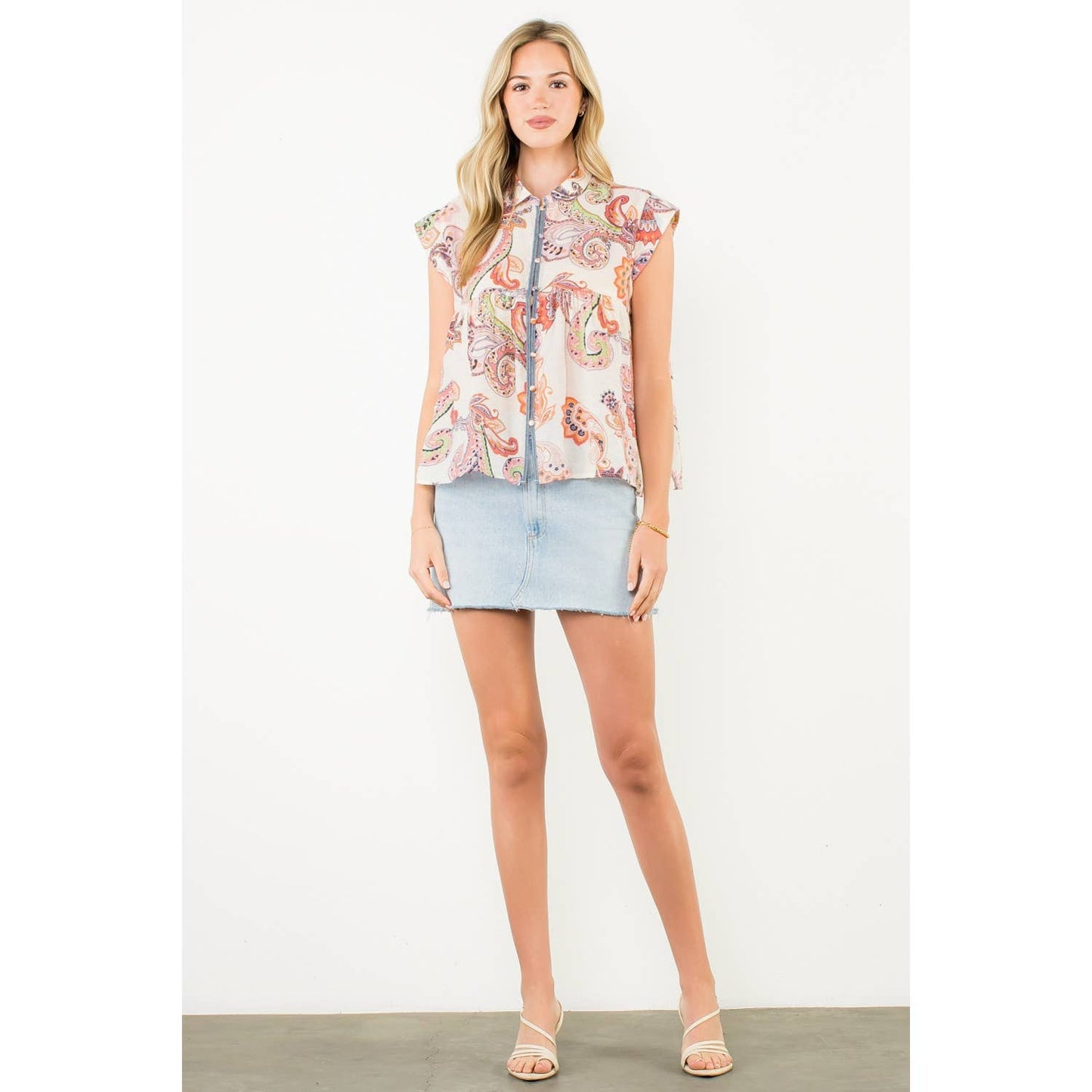 Cap Sleeve Paisley Button Down Top