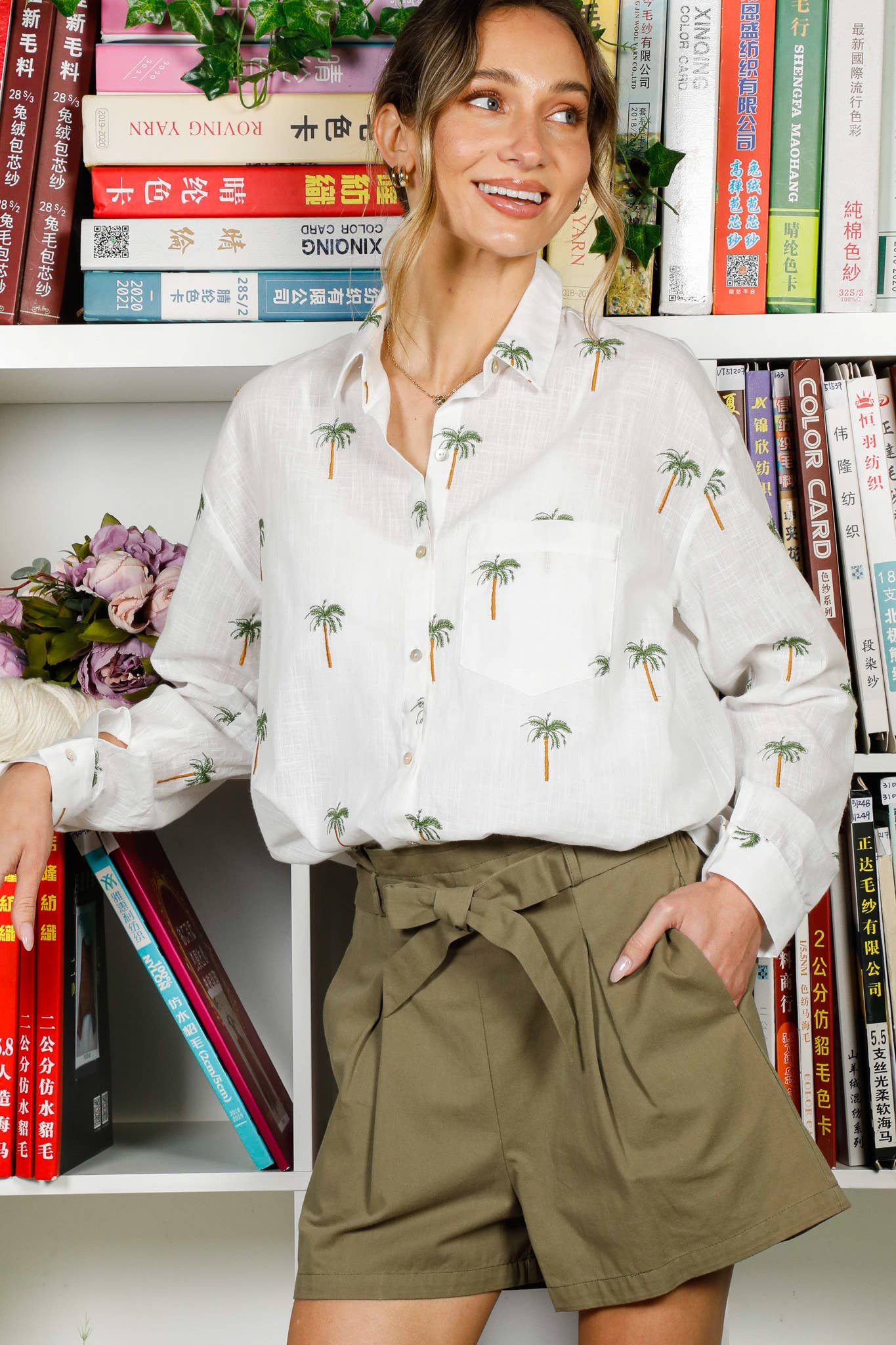 Collared Palm Tree Embroidered Blouse