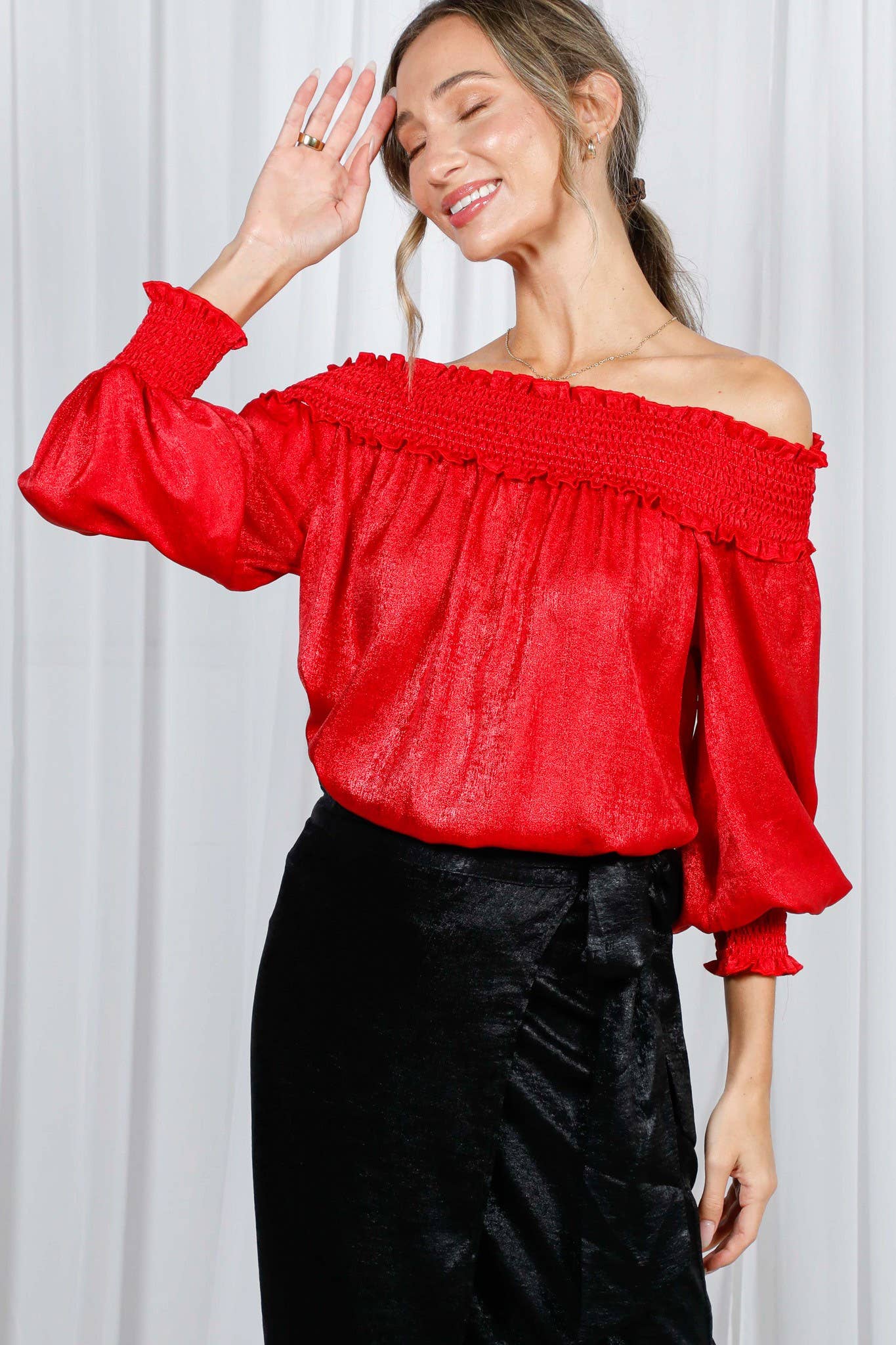 Metallic Woven Off-The-Shoulder Smocked Blouse
