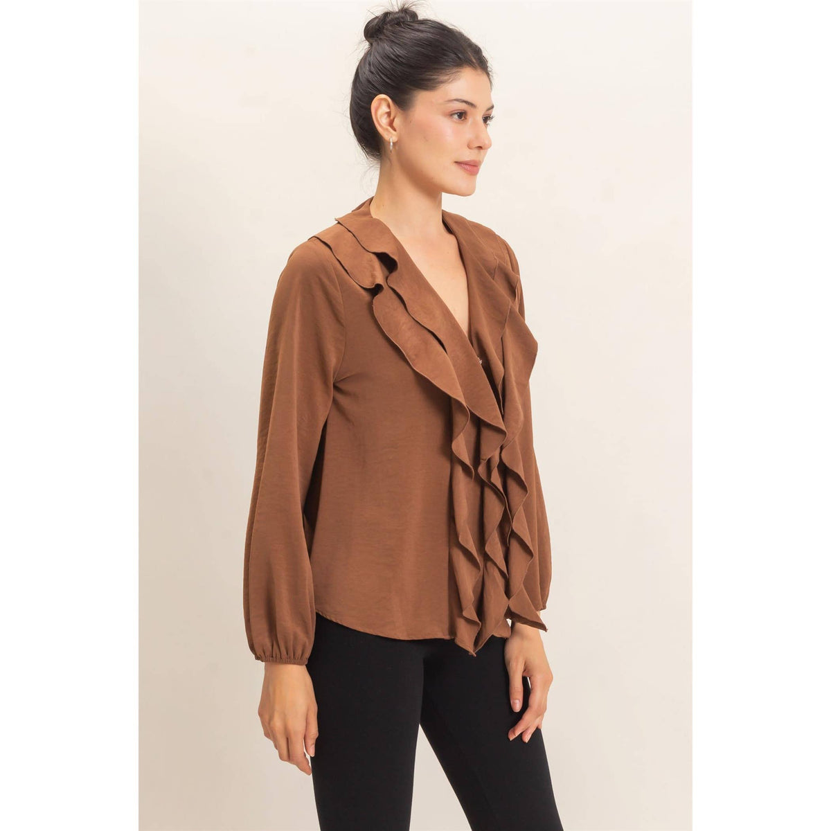 Ruffled V-Neck Button-Up Blouse