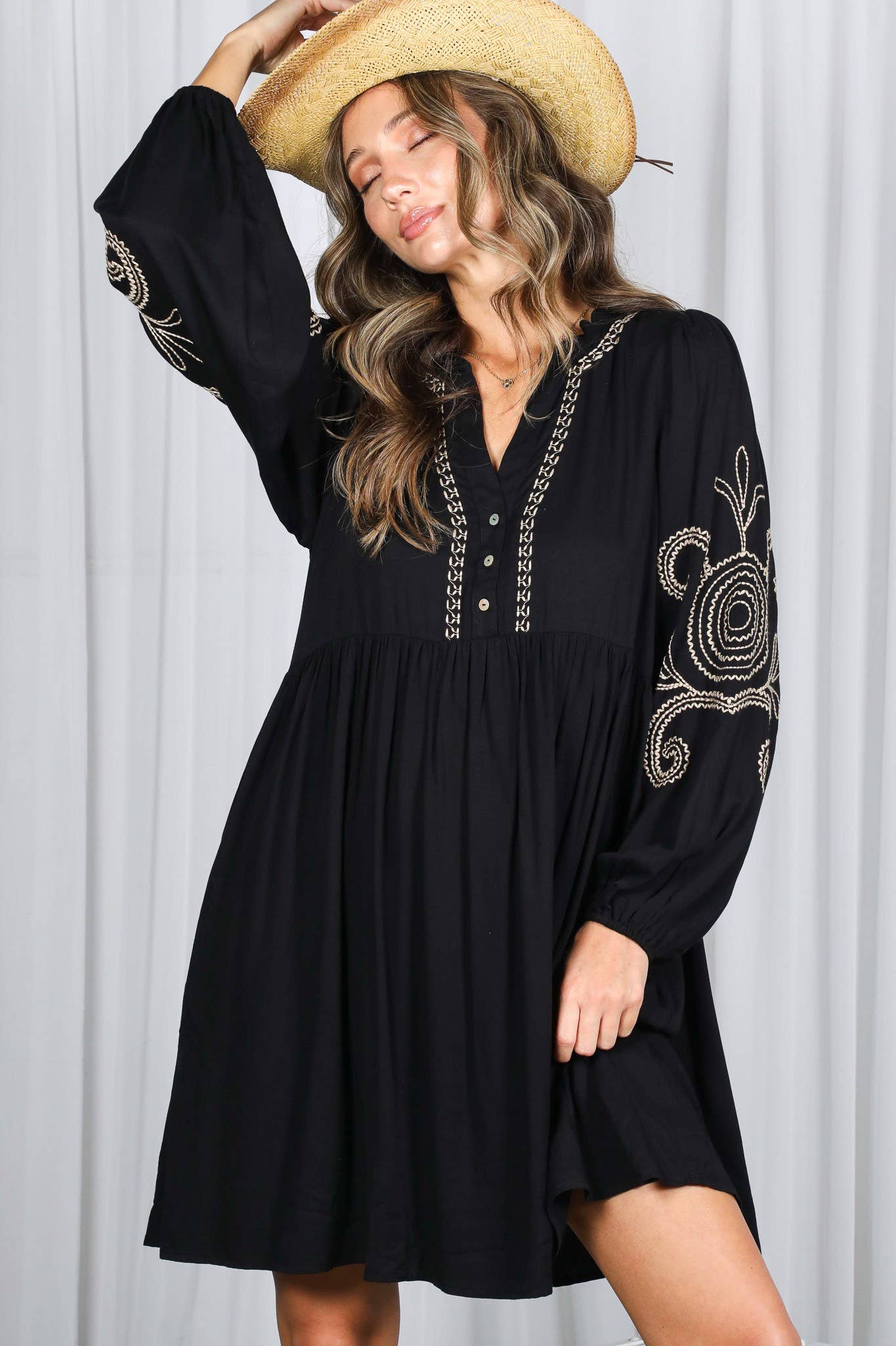 Paisley Embroidered V-Neck Baby Doll Mini Dress