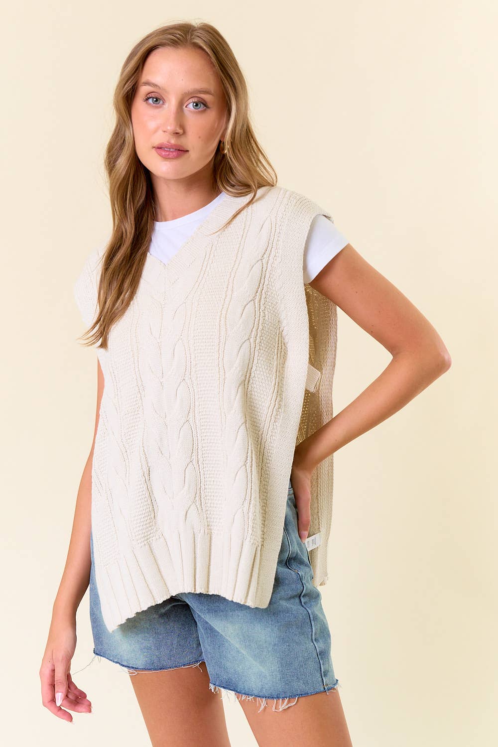 V-Neck Drop Shoulder Cable Sweater Vest