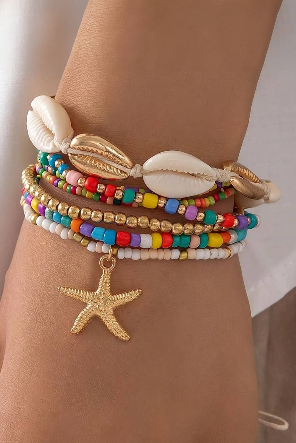 Starfish Seashell Beaded Bracelet Set