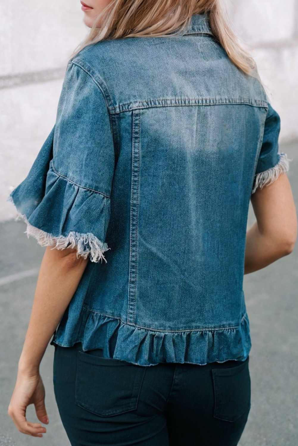 Raw Edge Ruffled Short Sleeve Denim Jacket