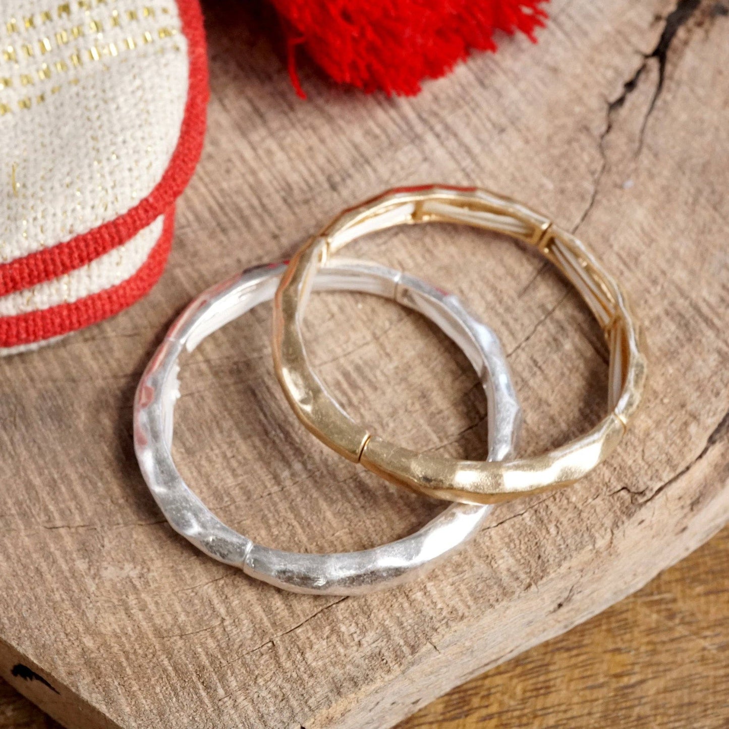 Boho Stretchy Minimalist Bangle Raw Textured Worn Silver tones
