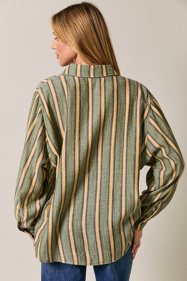 Dolman Long Sleeve Button Down Striped Shirt