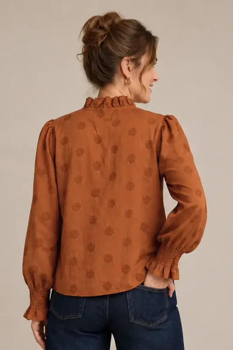 Embroidered Ruffle Neck Blouse
