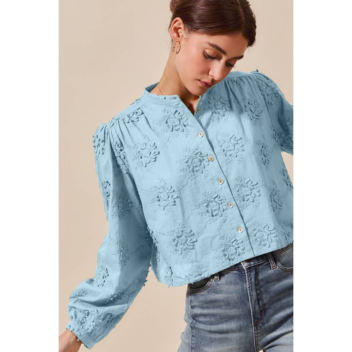 3D FLORAL WOVEN LONG SLEEVE FRONT BUTTON SHIRT