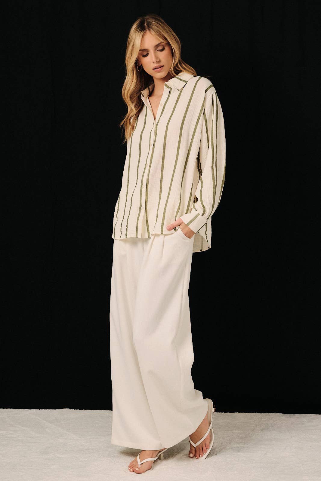 DOLMAN LONG SLEEVE BUTTON DOWN DOUBLE GAUZE STRIPE SHIRT