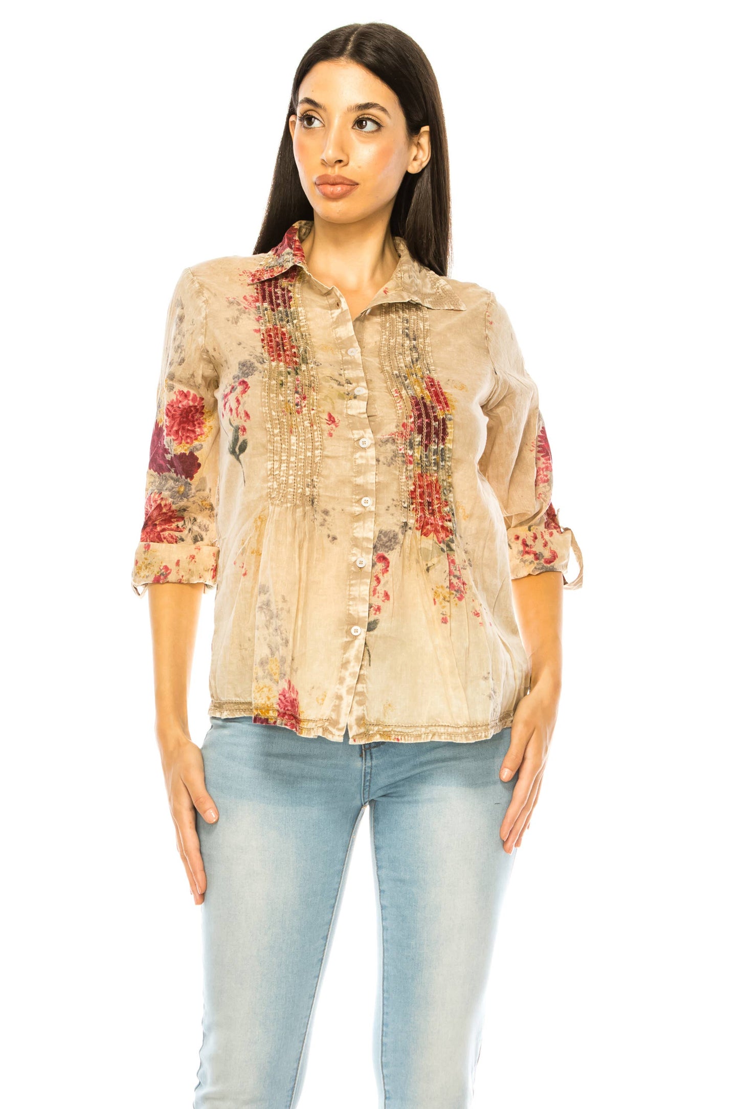 Vintage Floral Taupe Shirt with Lace Inserts and Pin Tucks