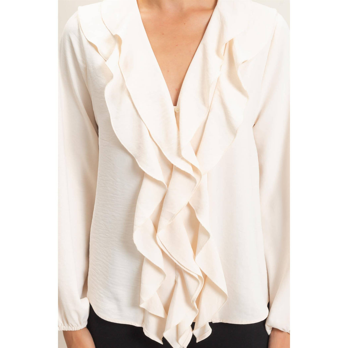 Ruffled V-Neck Button-Up Blouse