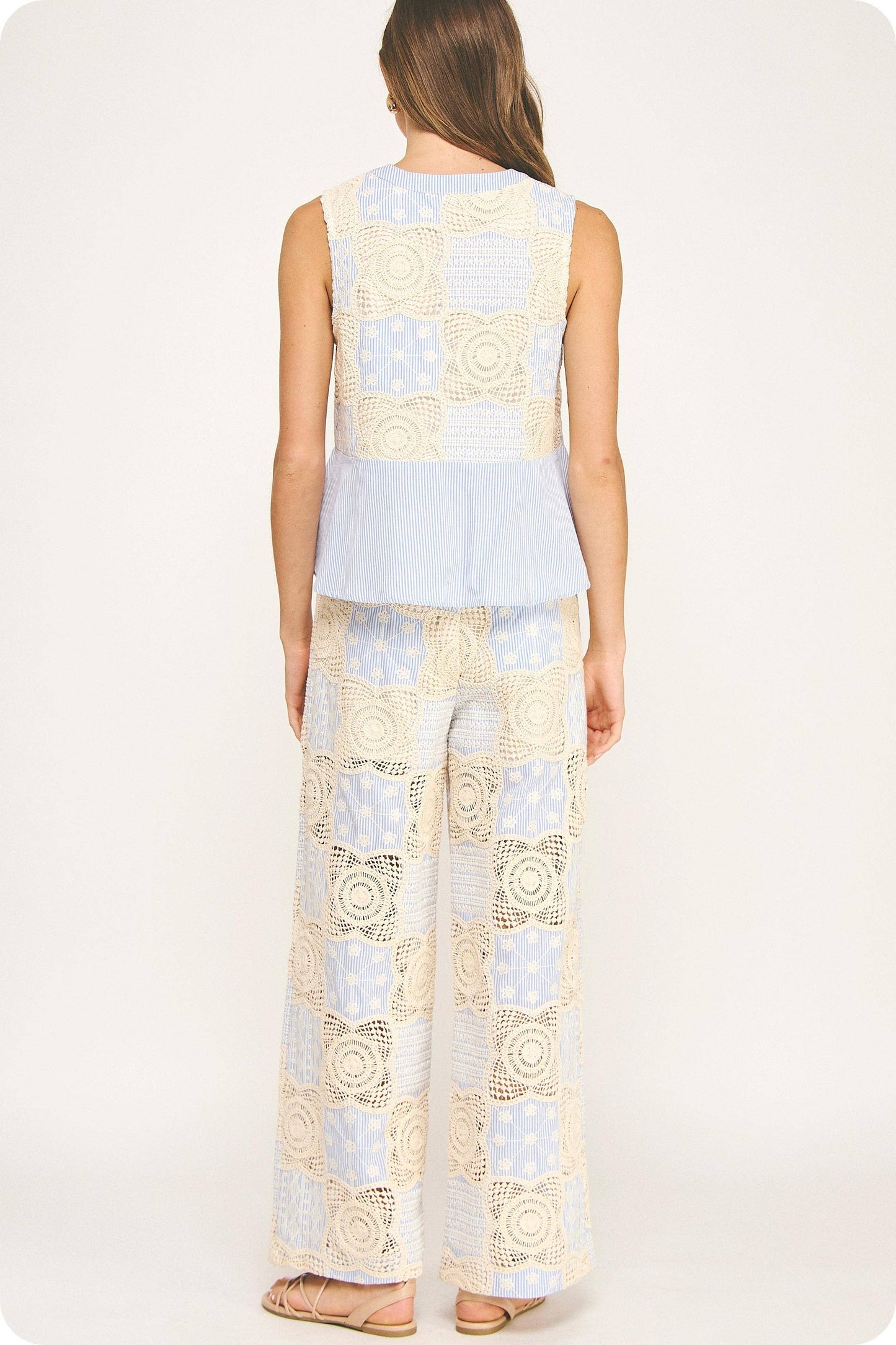 Floral Crochet Stripe Patchwork Button Down Top