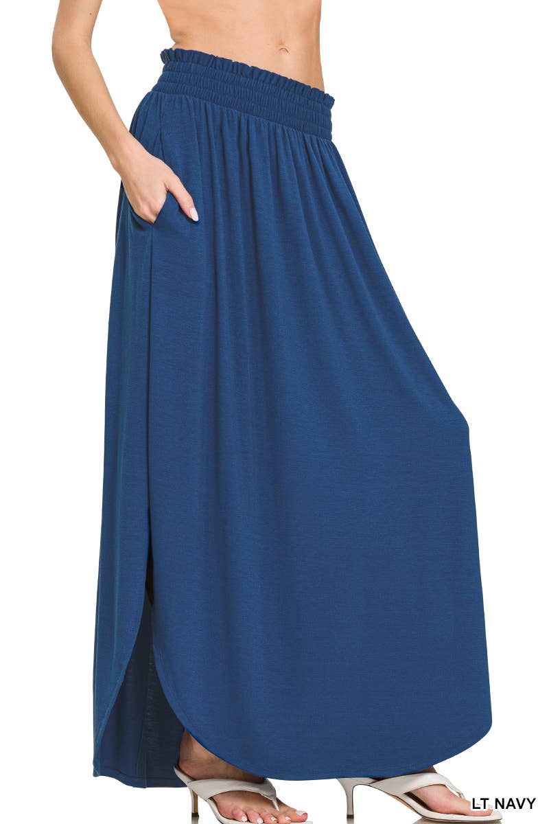 SMOCKED WAIST SIDE SLIT MAXI SKIRT WITH POCKETS