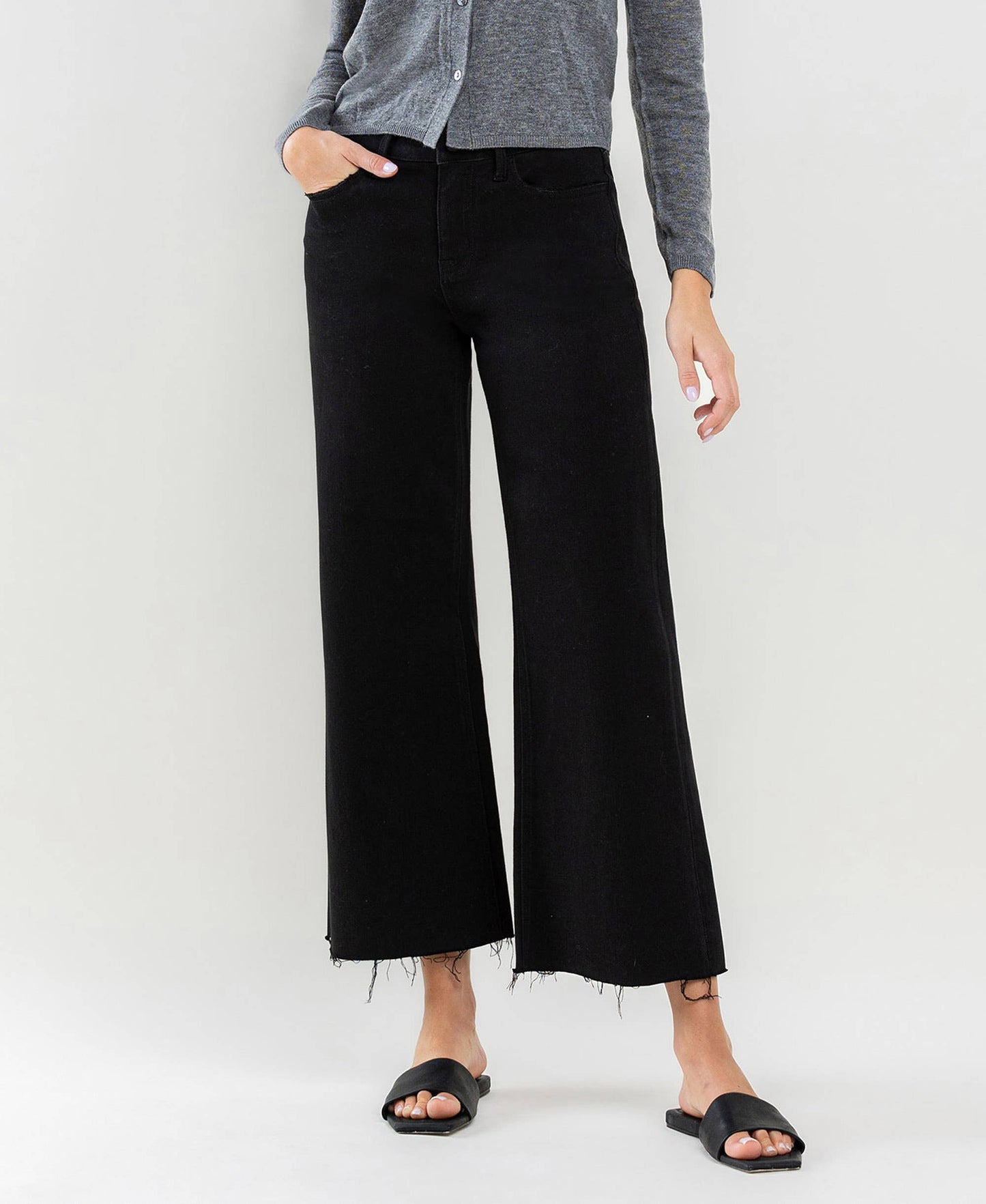 HIGH RISE RAW HEM CROP WIDE LEG JEANS