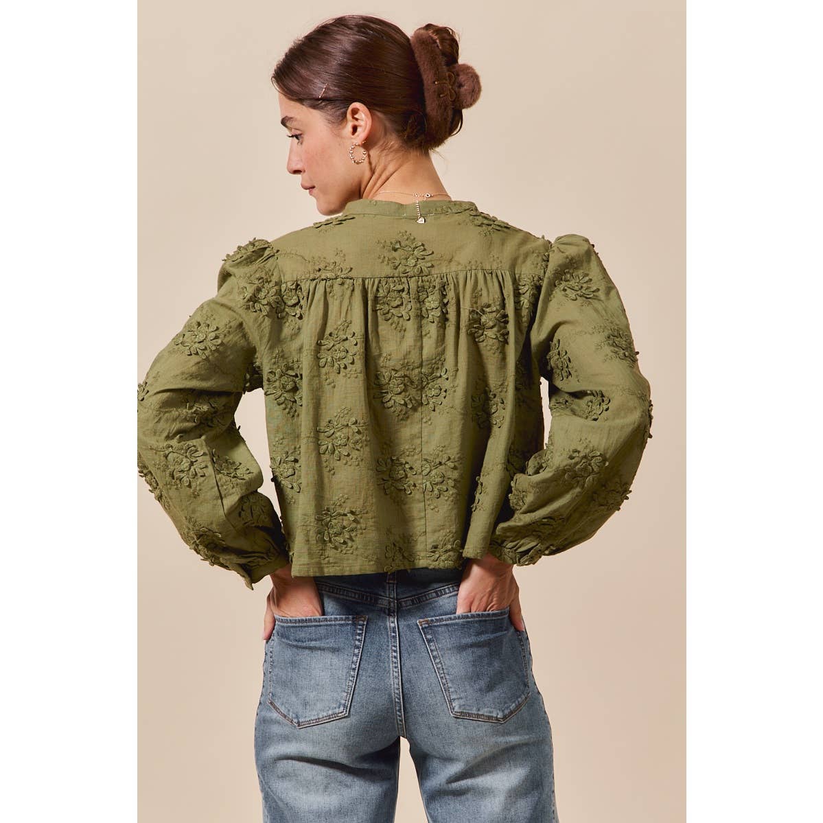 3D FLORAL WOVEN LONG SLEEVE FRONT BUTTON SHIRT