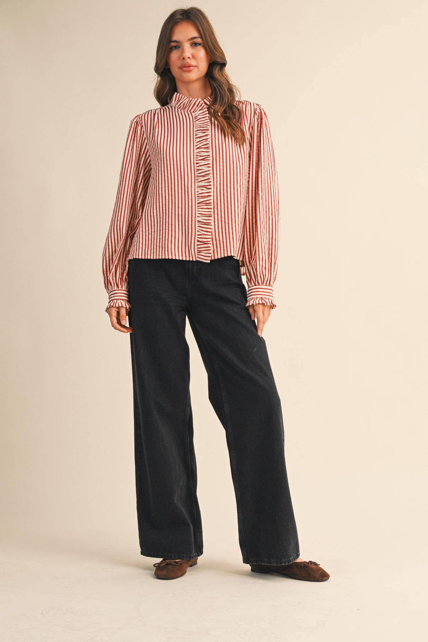 STRIPED RUFFLED BUTTON DOWN