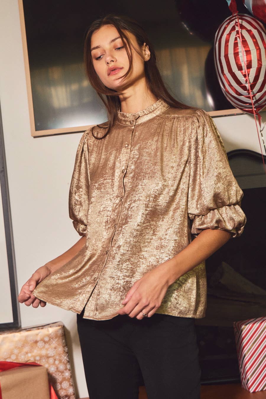 Shimmer Foiled Button Front Blouse