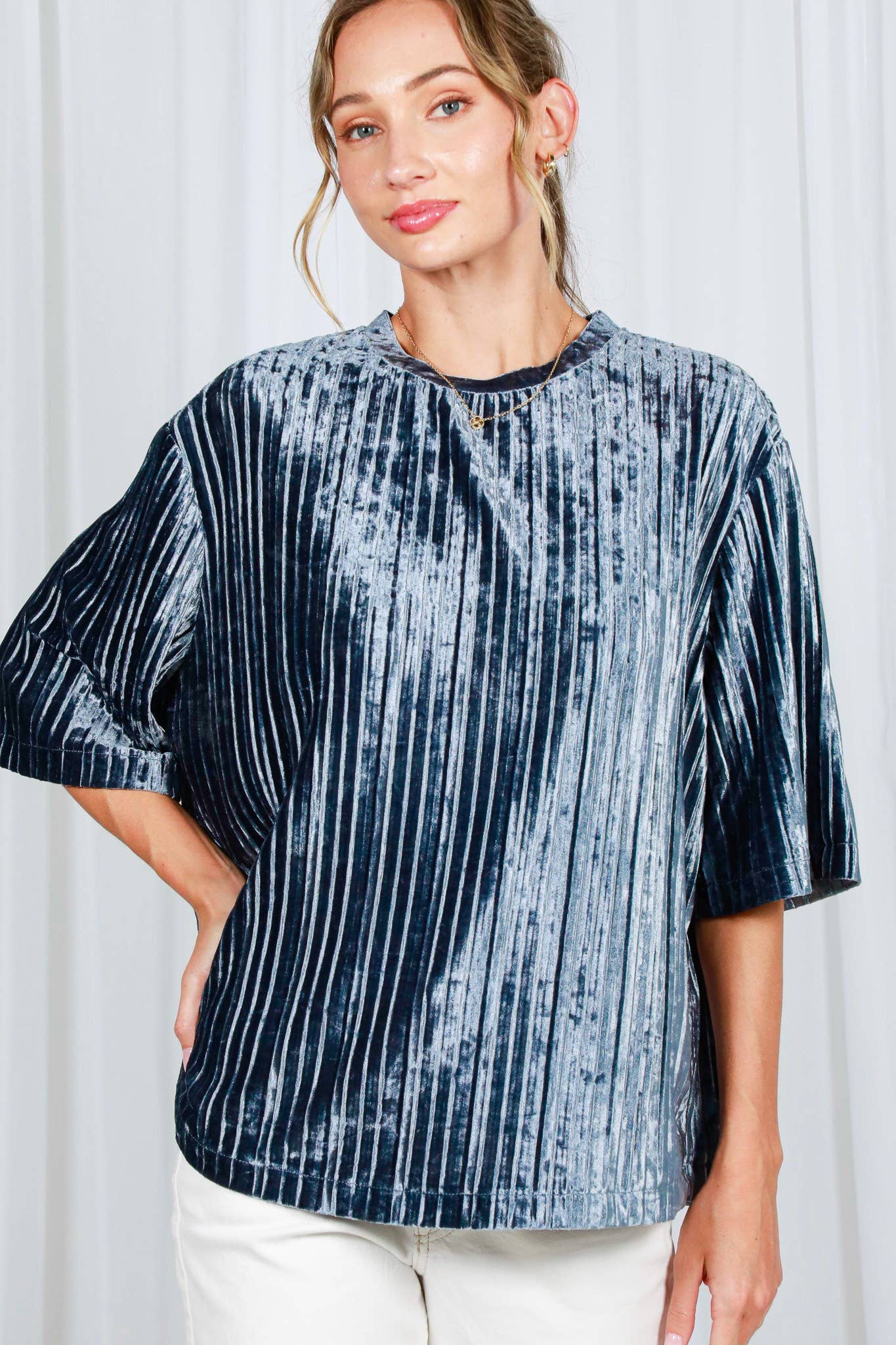 Pleated Velvet Crew Neck Band Short-Sleeve Top