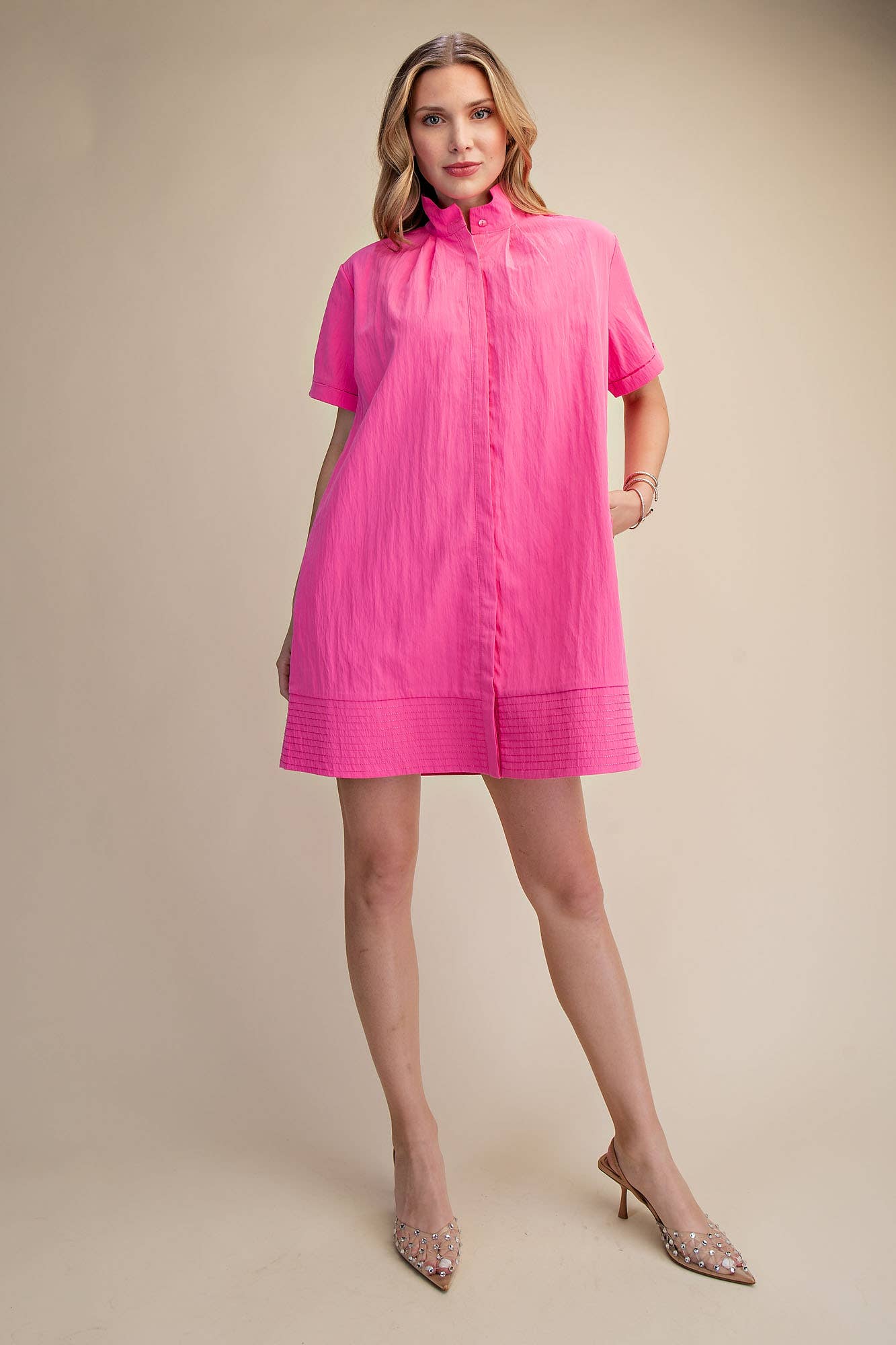 Stand Collar Short Sleeves Button Down Shift Dress