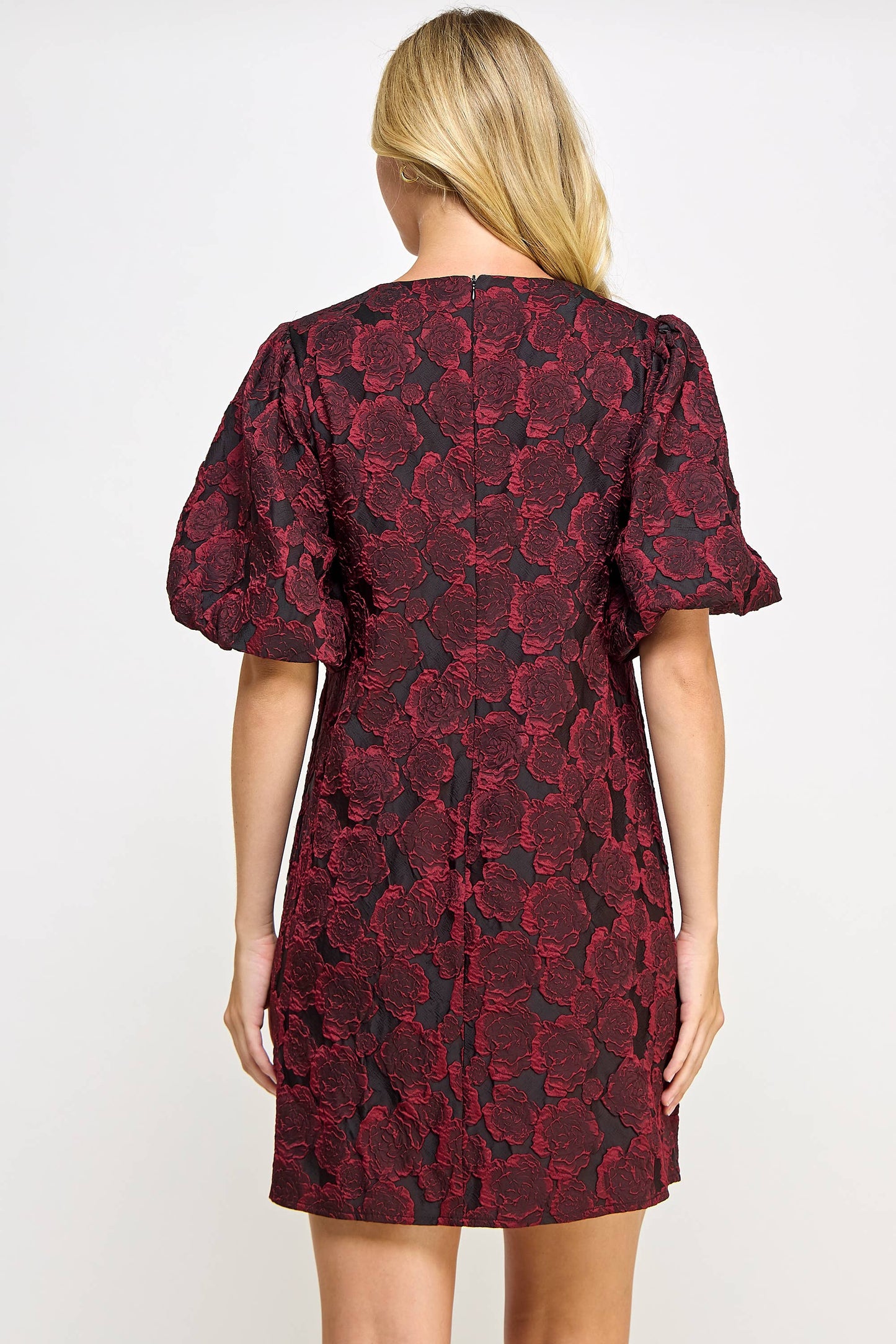 PUFF SLEEVE JACQUARD DRESS WINE