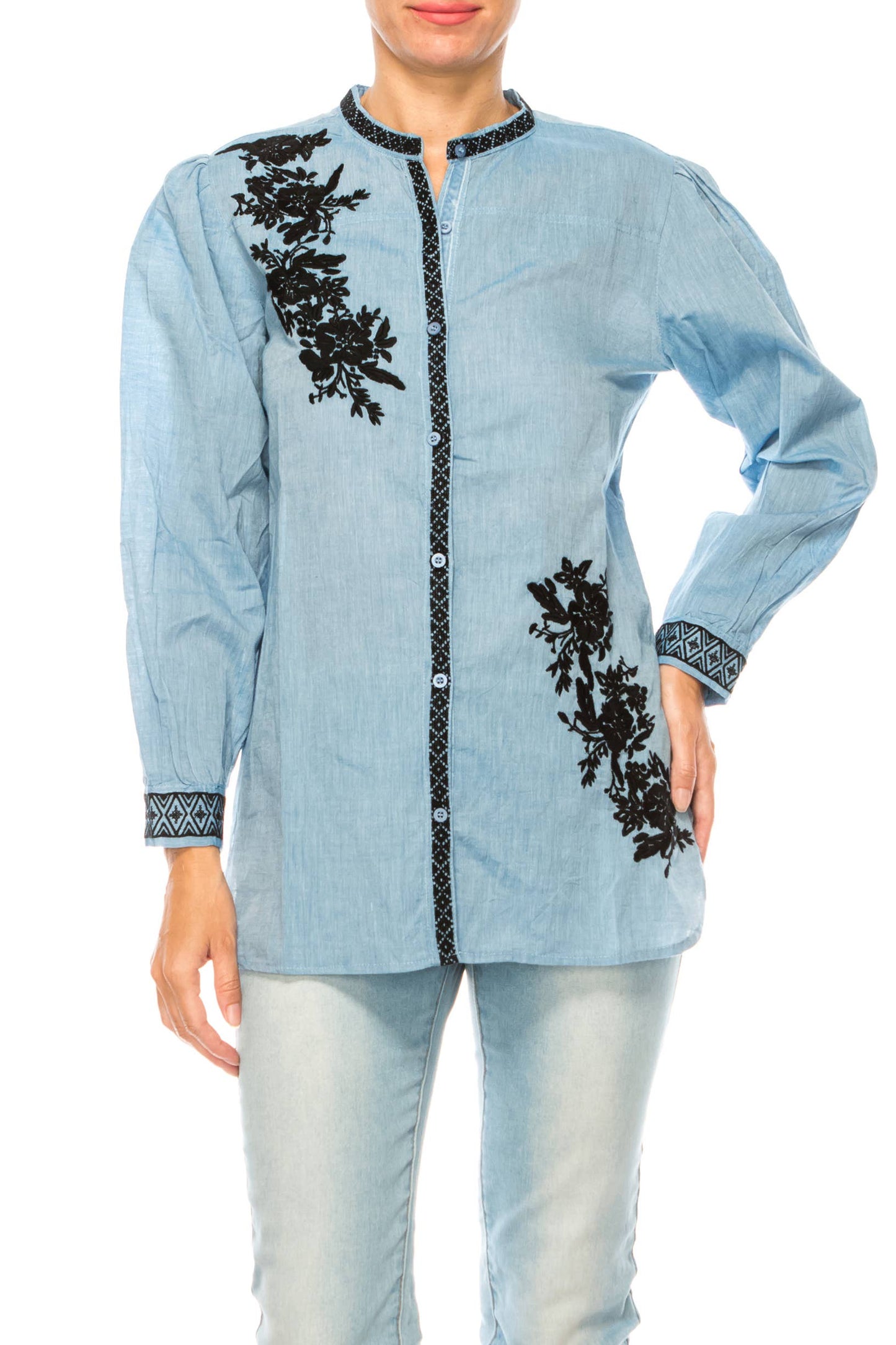 Button Down Chambray Tunic with Embroidery
