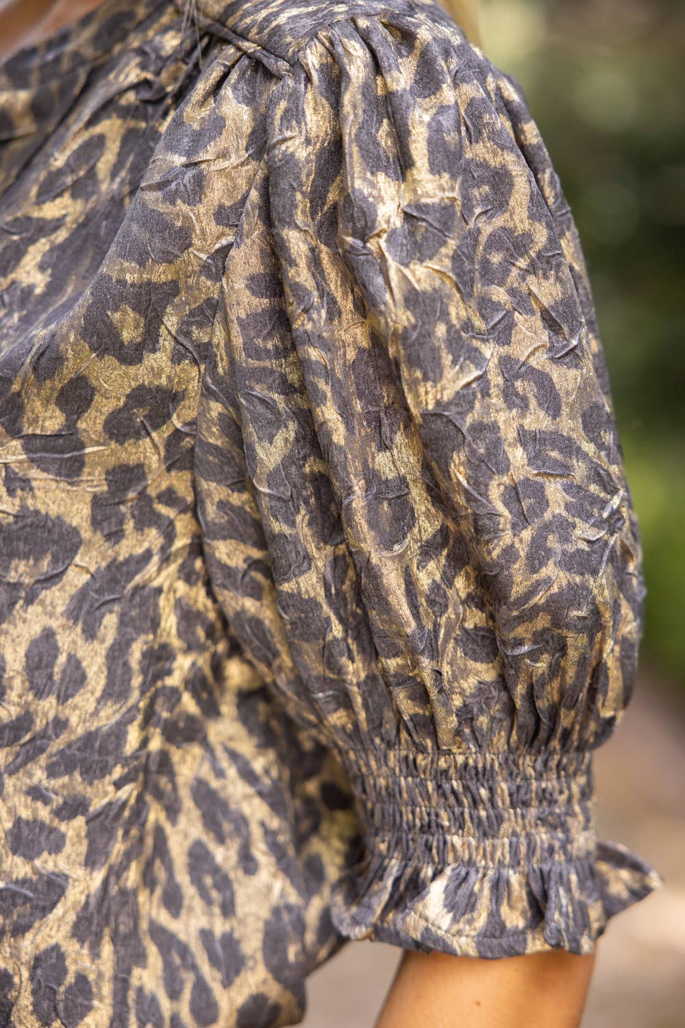 Smocked Short Sleeve V-Neck Animal Print Top