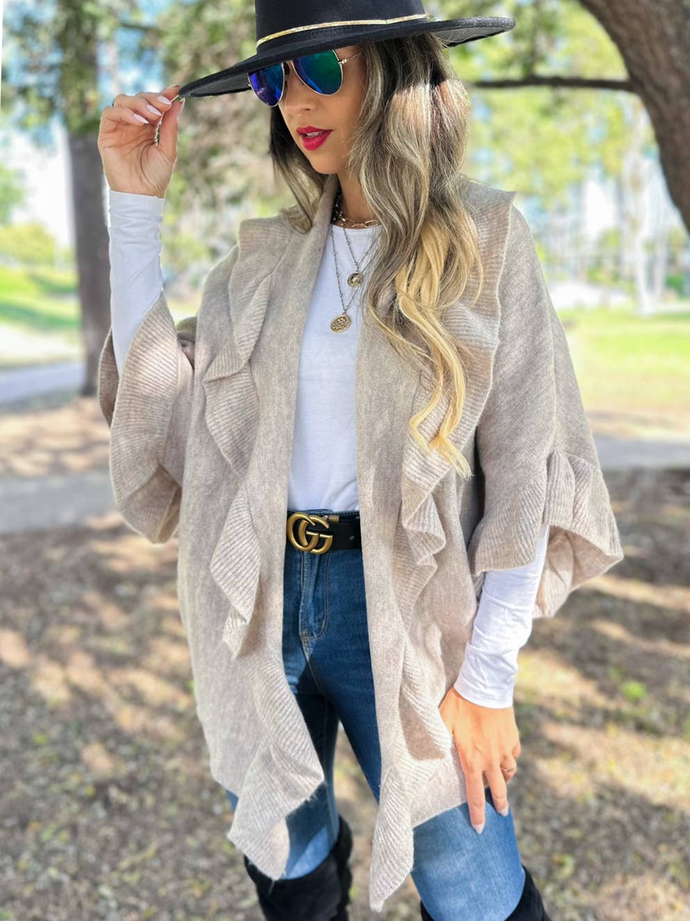 Oatmeal Beige Soft Knit Ruffle Detail Cardigan