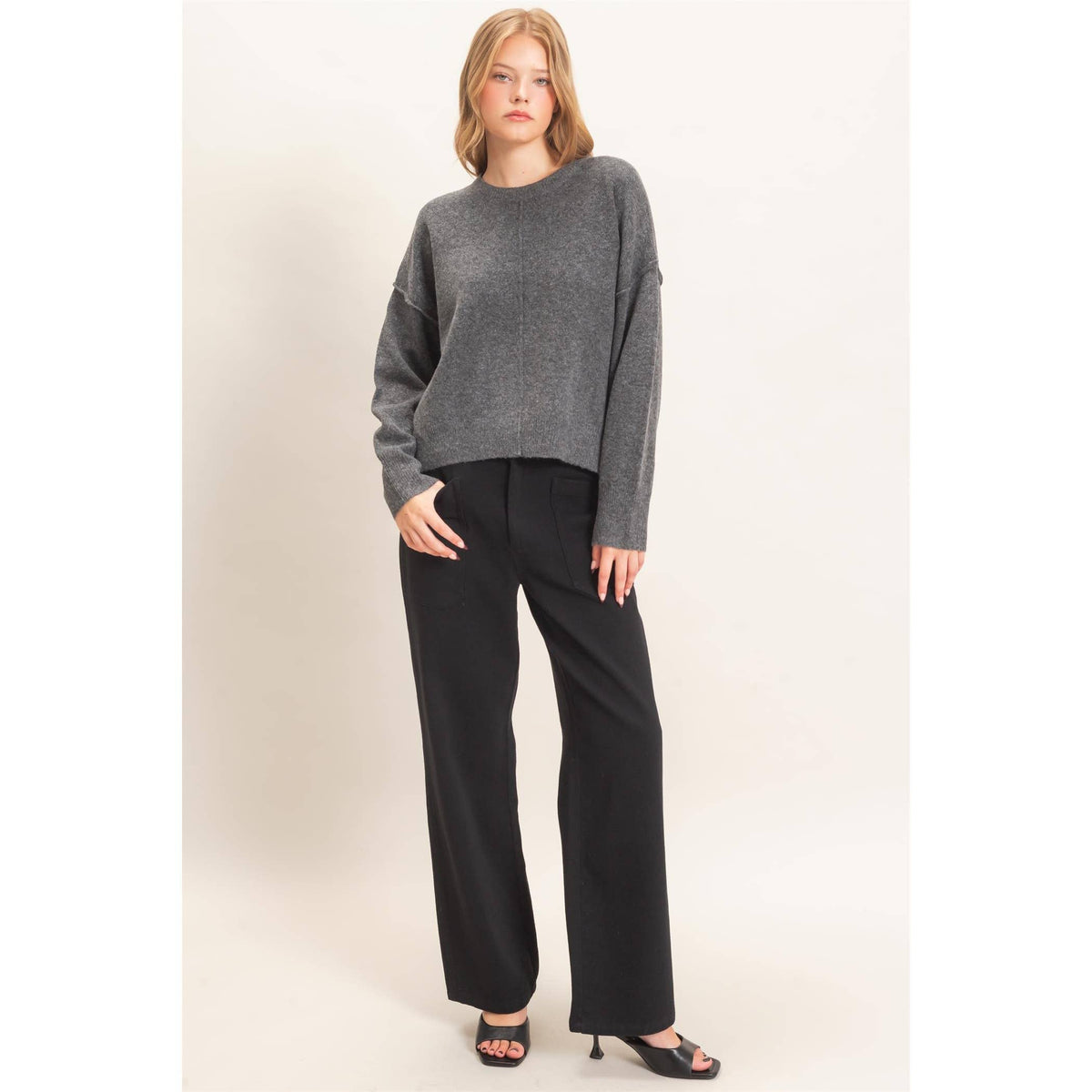 Crew Neck Sweater With Ribbed Hem