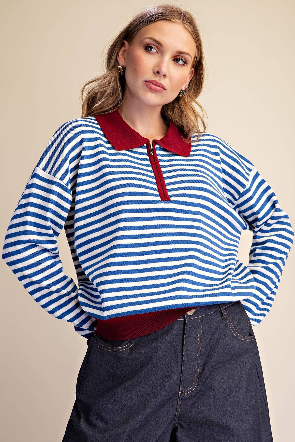 Collar Zip Neck Long Sleeve Stripe Sweater