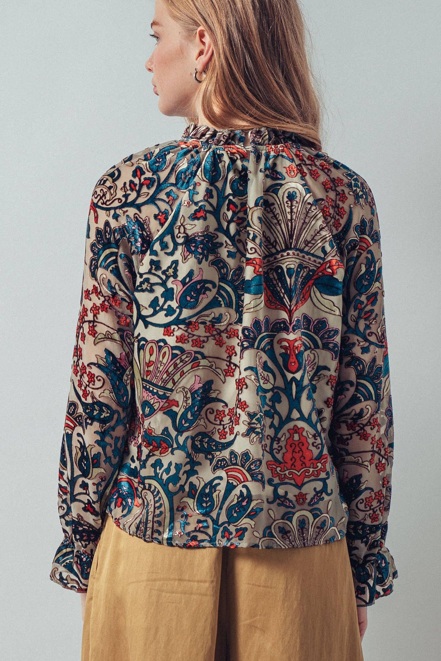 Burnout Velvet Smocked Mock Neck Blouse