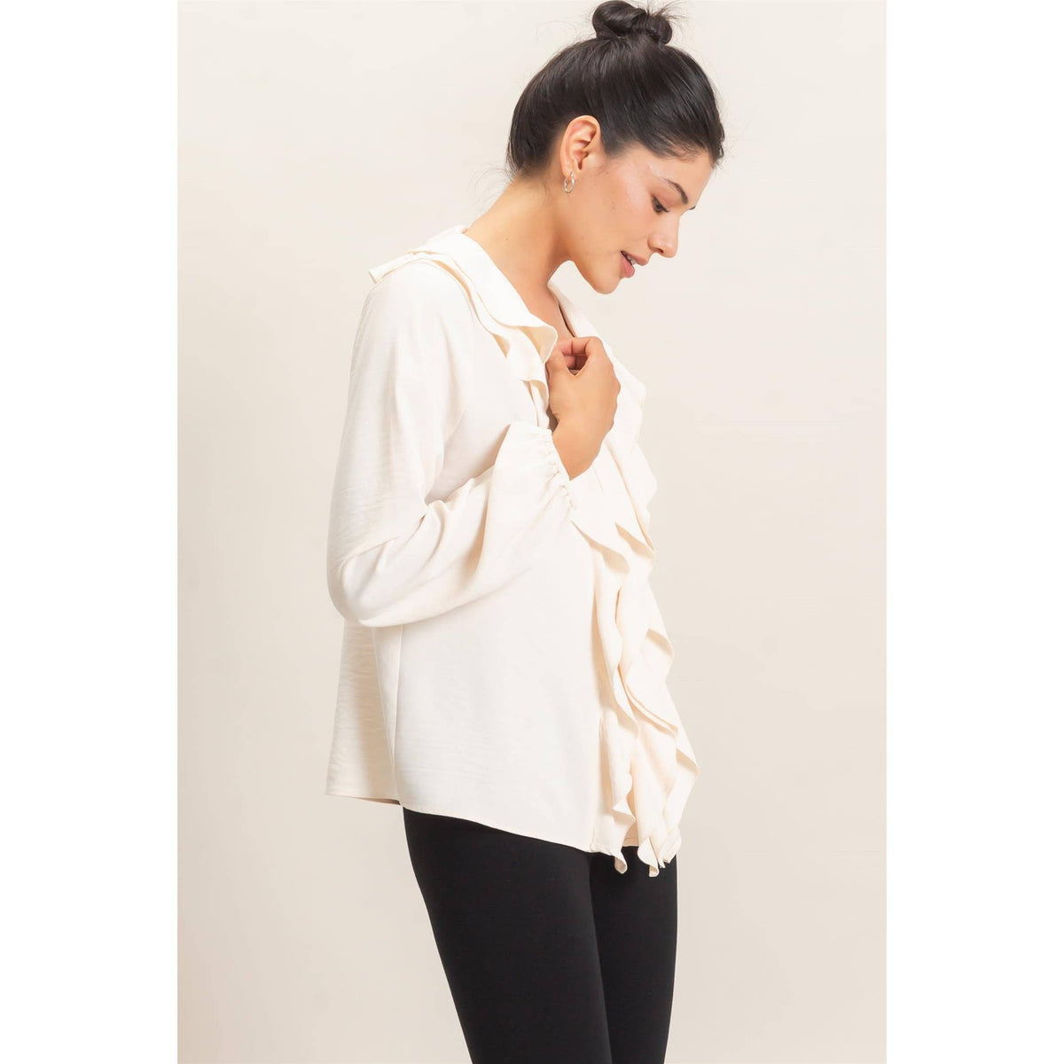 Ruffled V-Neck Button-Up Blouse