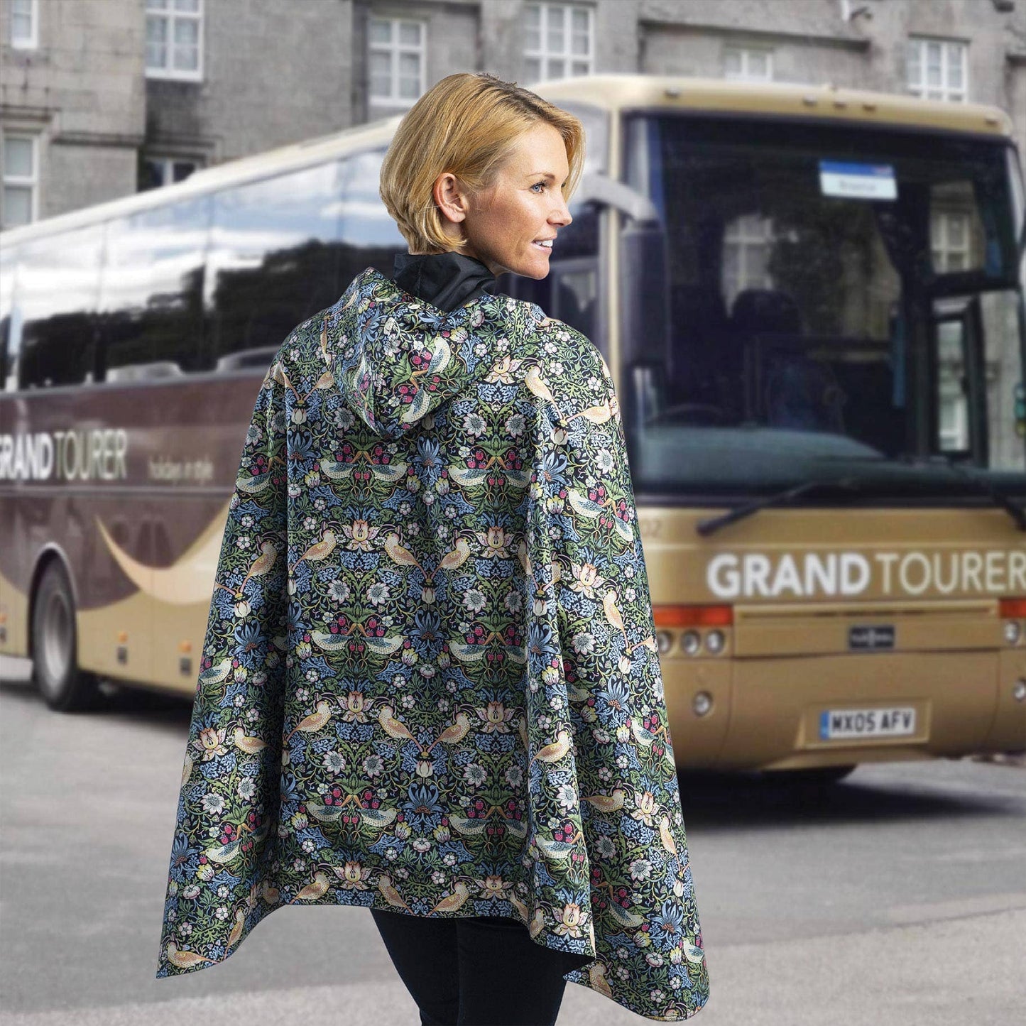 William Morris Strawberry Thief & Black Reversible Rain Cape Poncho – Hooded Womens Wrap