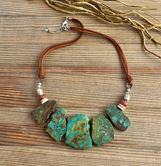 Turq- turquoise nugget boho necklace vegan suede