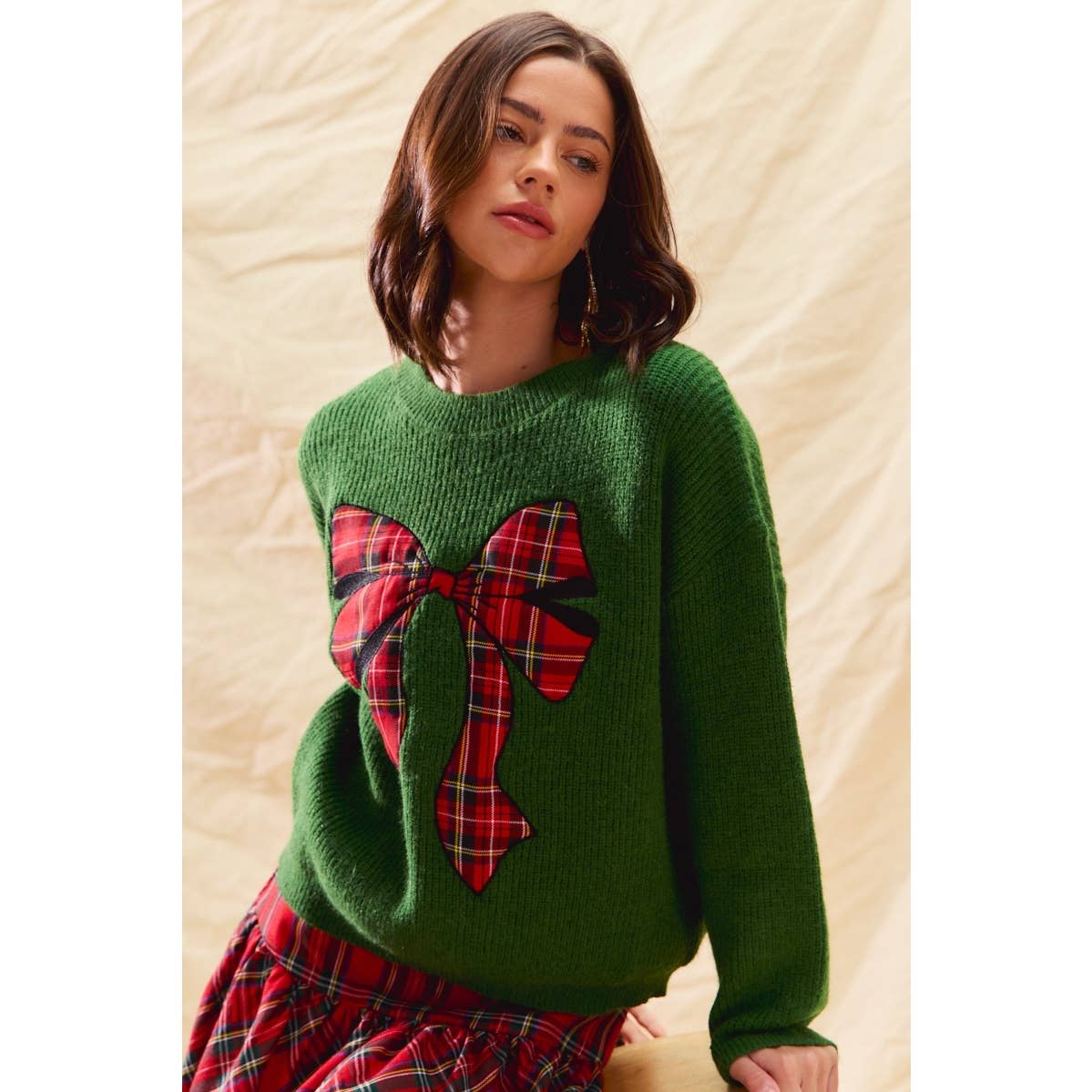 CHECKER PLAID RIBBON CHRISTMAS HOLIDAY SWEATER TOP