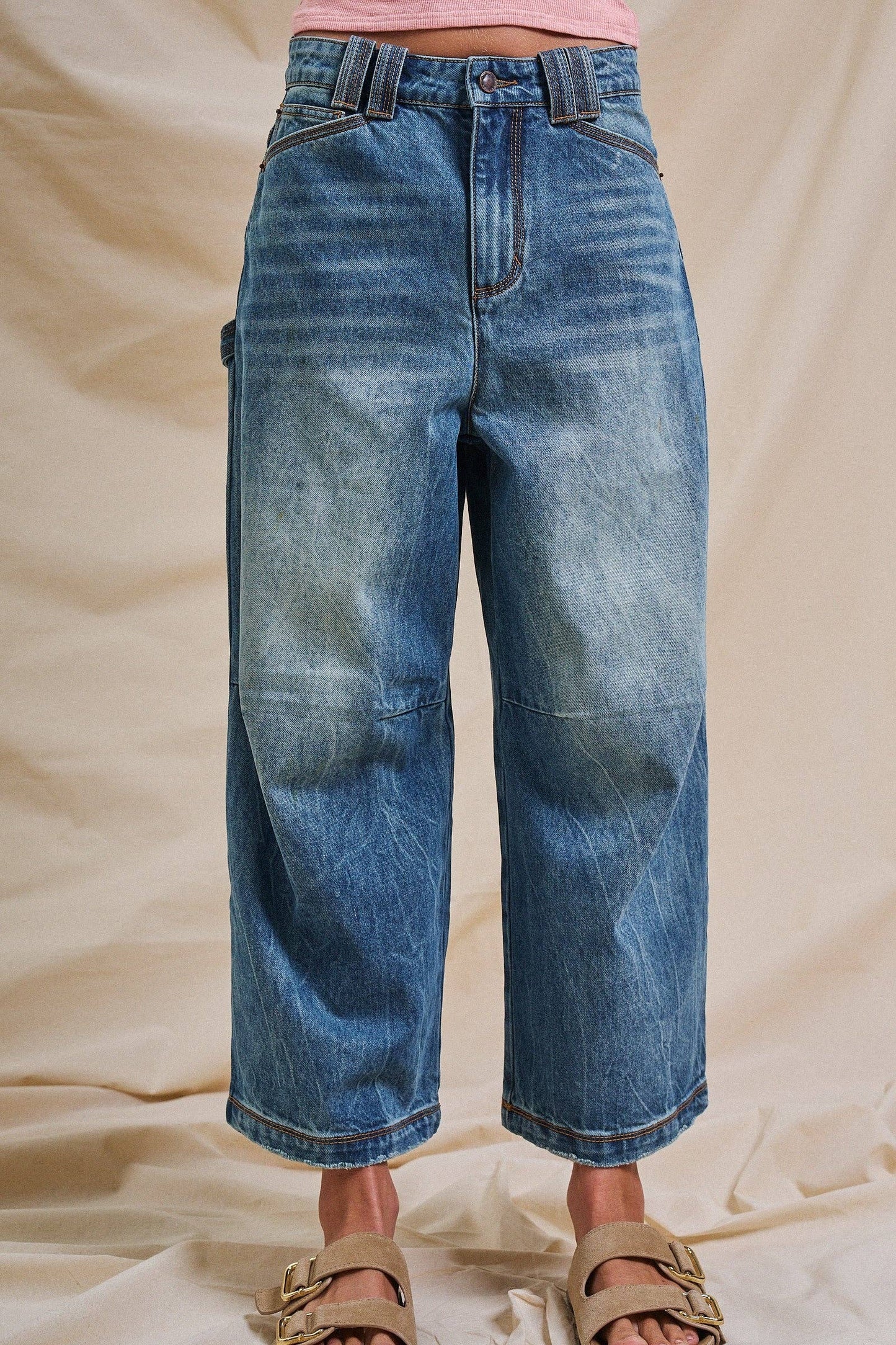 Vintage Wash Cropped Wide-Leg Denim Jeans