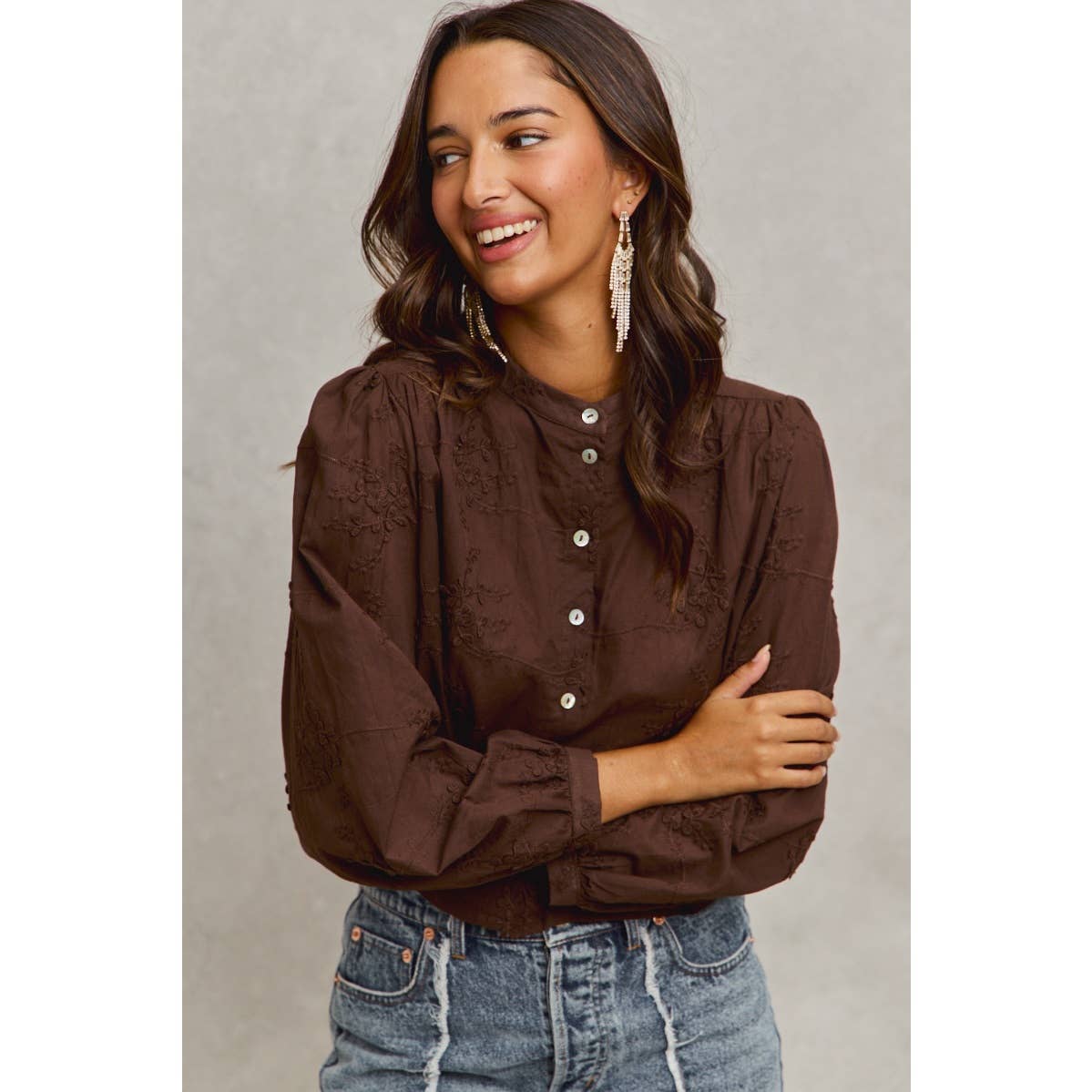 3D FLORAL WOVEN LONG SLEEVE FRONT BUTTON SHIRT