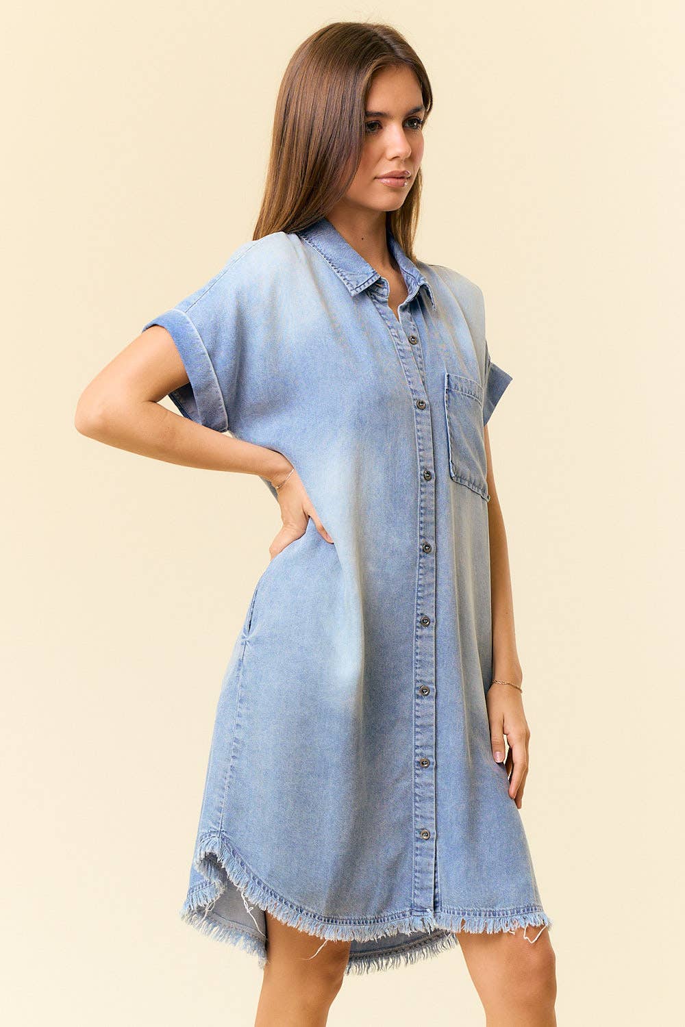 DOLMAN SHORT SLEEVE TENCEL DENIM SHIRT MINI DRESS - 27642D