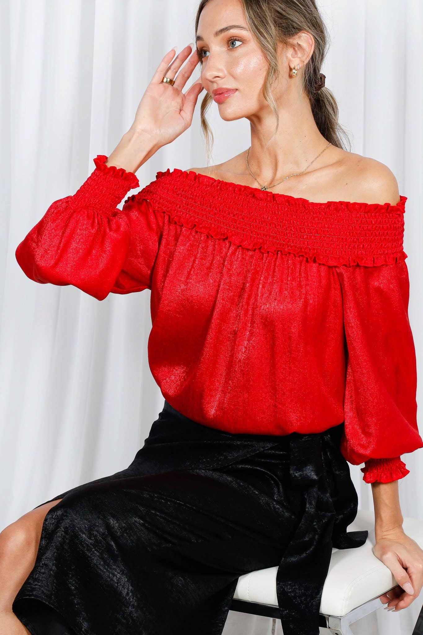 Metallic Woven Off-The-Shoulder Smocked Blouse