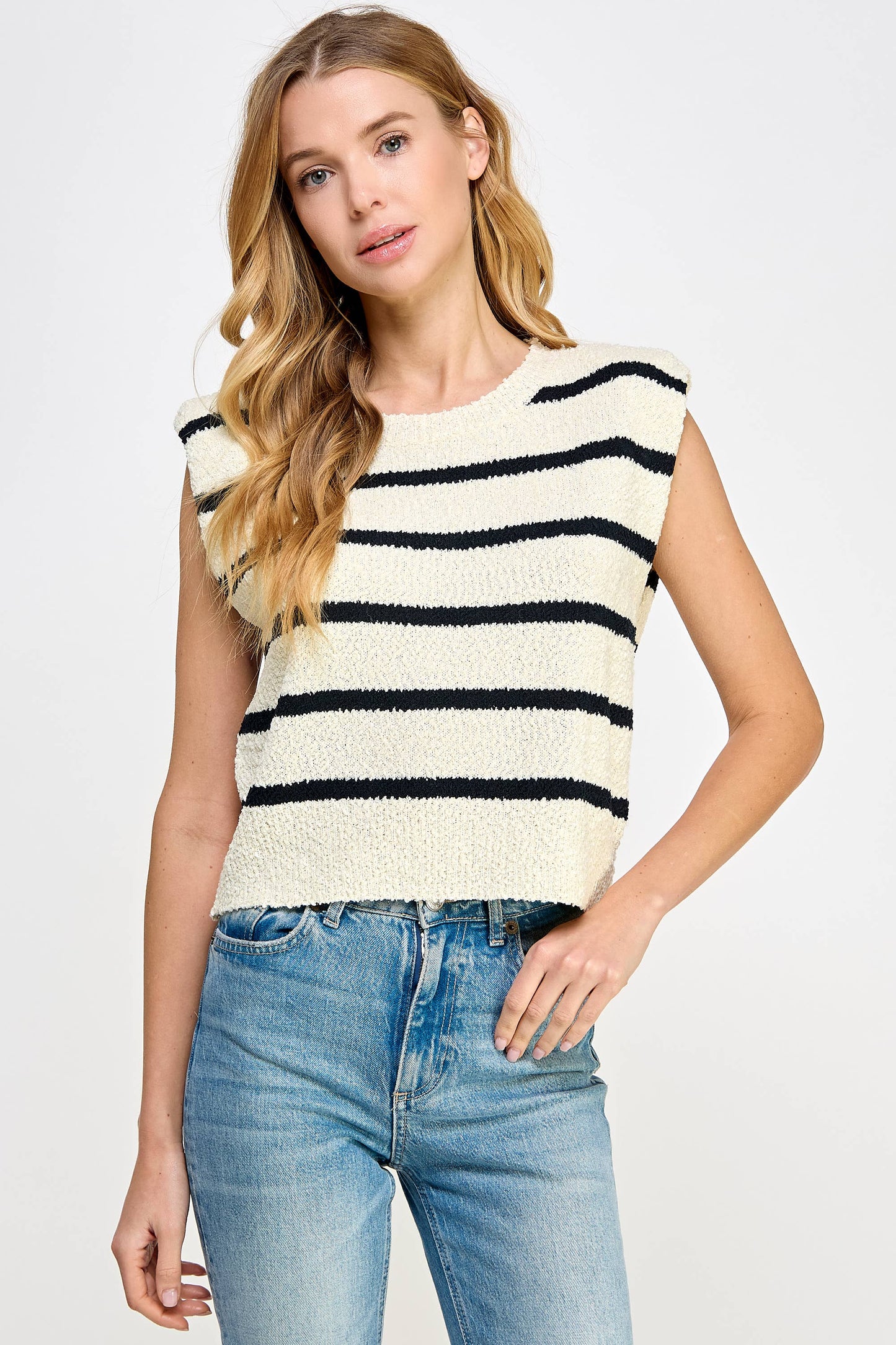 Shoulder Pad Sleeveless Textured Striped Knit Top