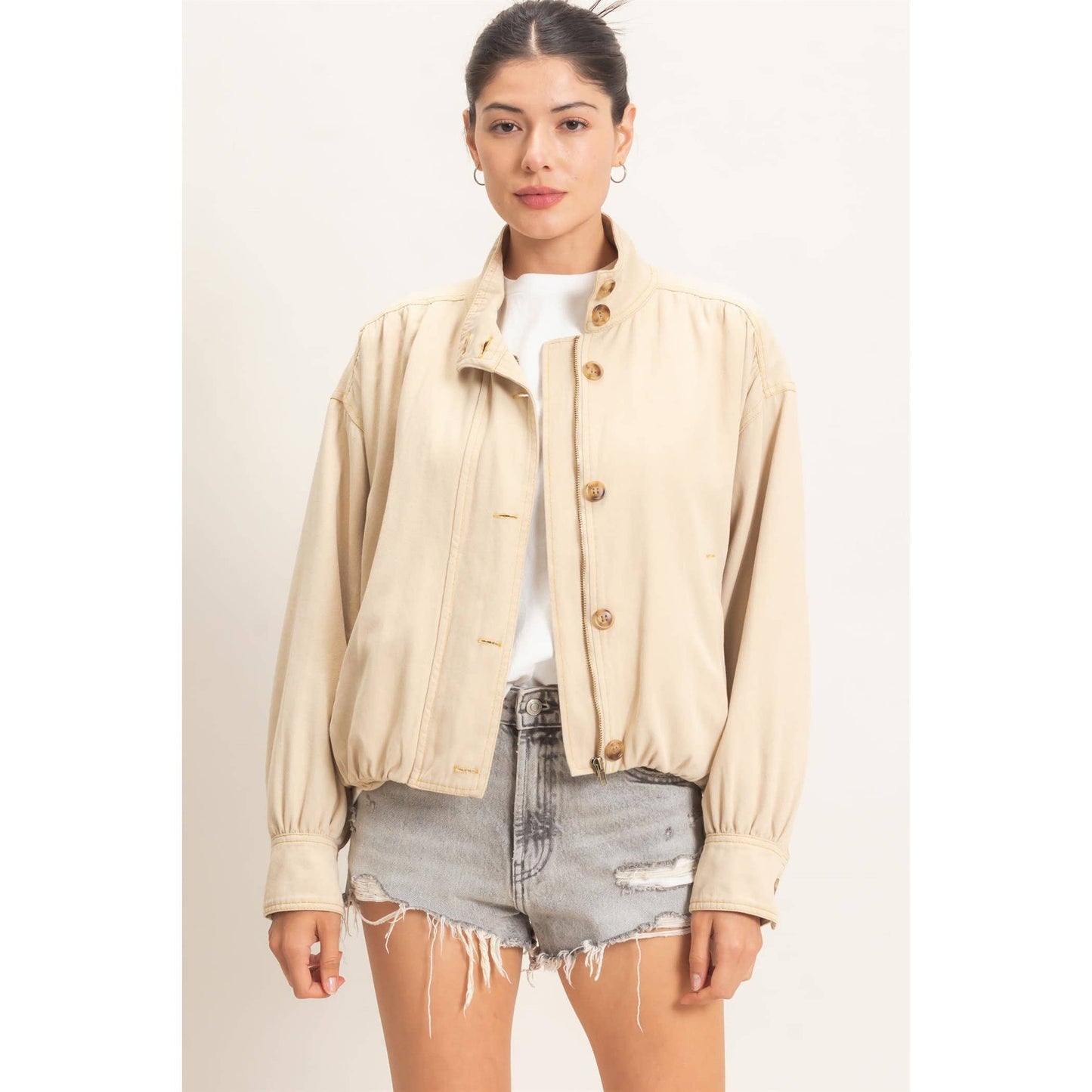 High Collar Denim Bomber Jacket