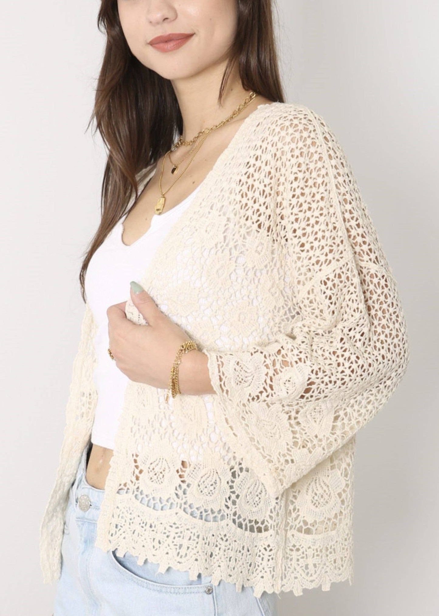 Embroidered Lace Kimono Crop Cardigan Half