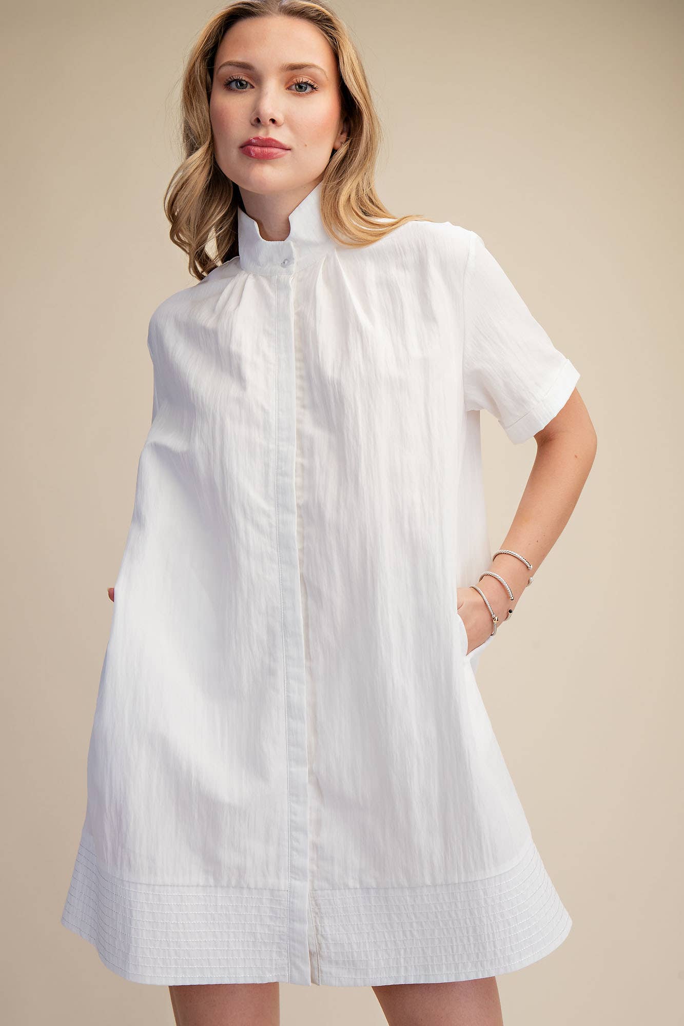Stand Collar Short Sleeves Button Down Shift Dress