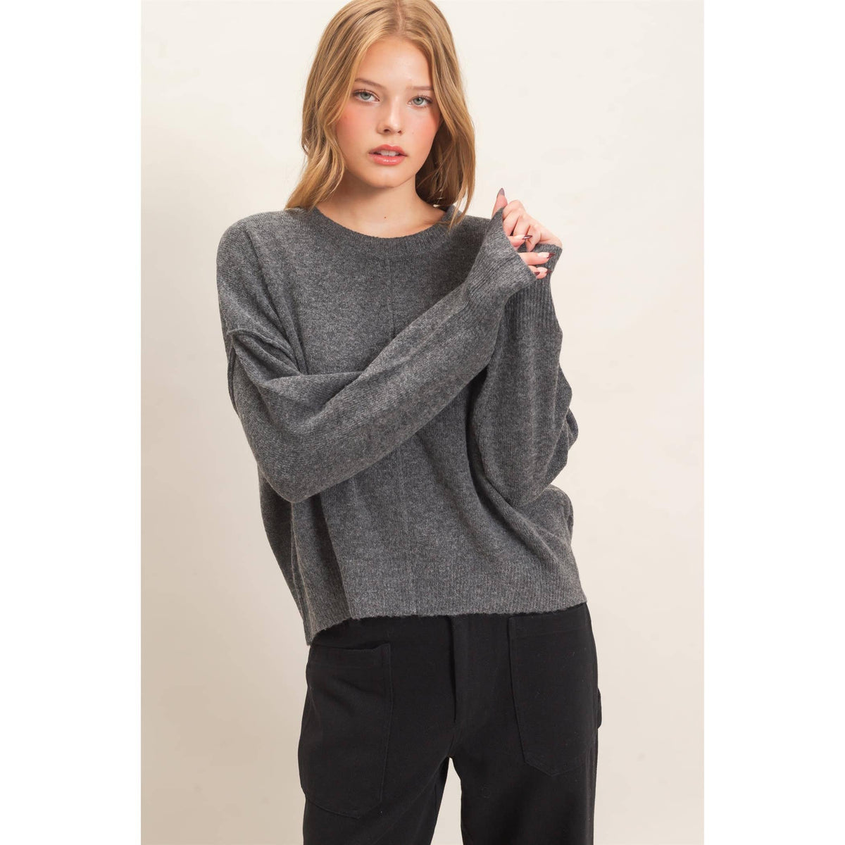 Crew Neck Sweater With Ribbed Hem