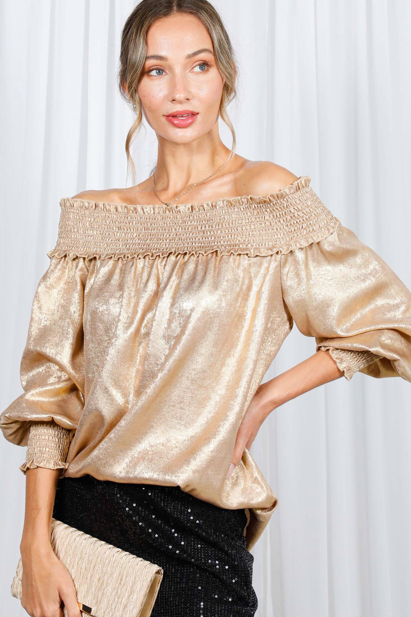Metallic Woven Off-The-Shoulder Smocked Blouse