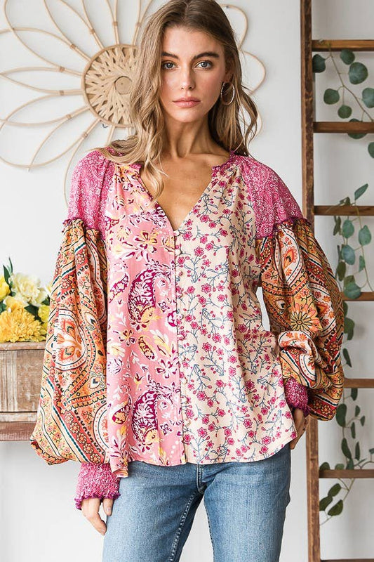 BUTTON FRONT PRINT MIXED BLOUSE