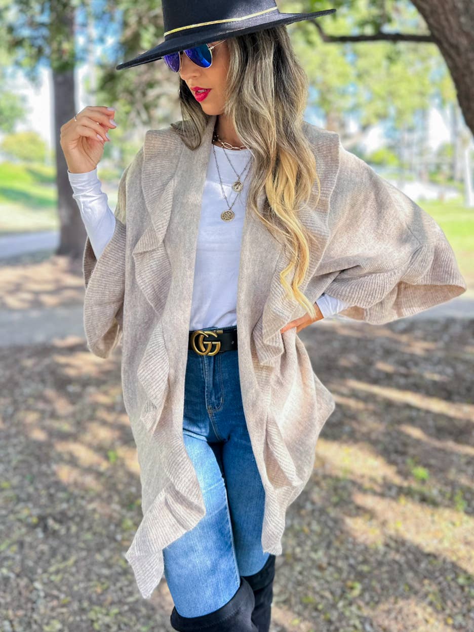 Oatmeal Beige Soft Knit Ruffle Detail Cardigan